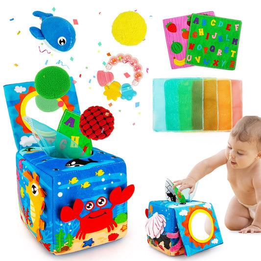 beetoy Tummy Time Baby Sensory Tissue Box Toy with Mirror Baby Early Learning Development Toys with Texture Sensory Balls Crinkle Paper Scarves- Sensory Tissue Box Toy for Babies 0 3 6 12 Months